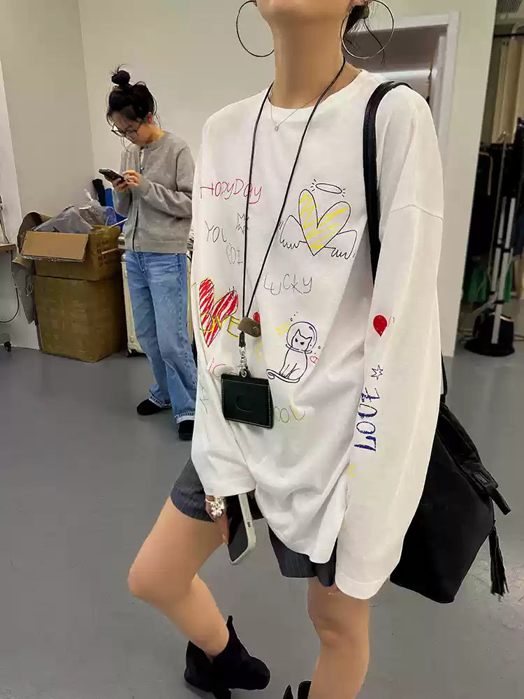 White Long Sleeve Printed T-Shirt X3222