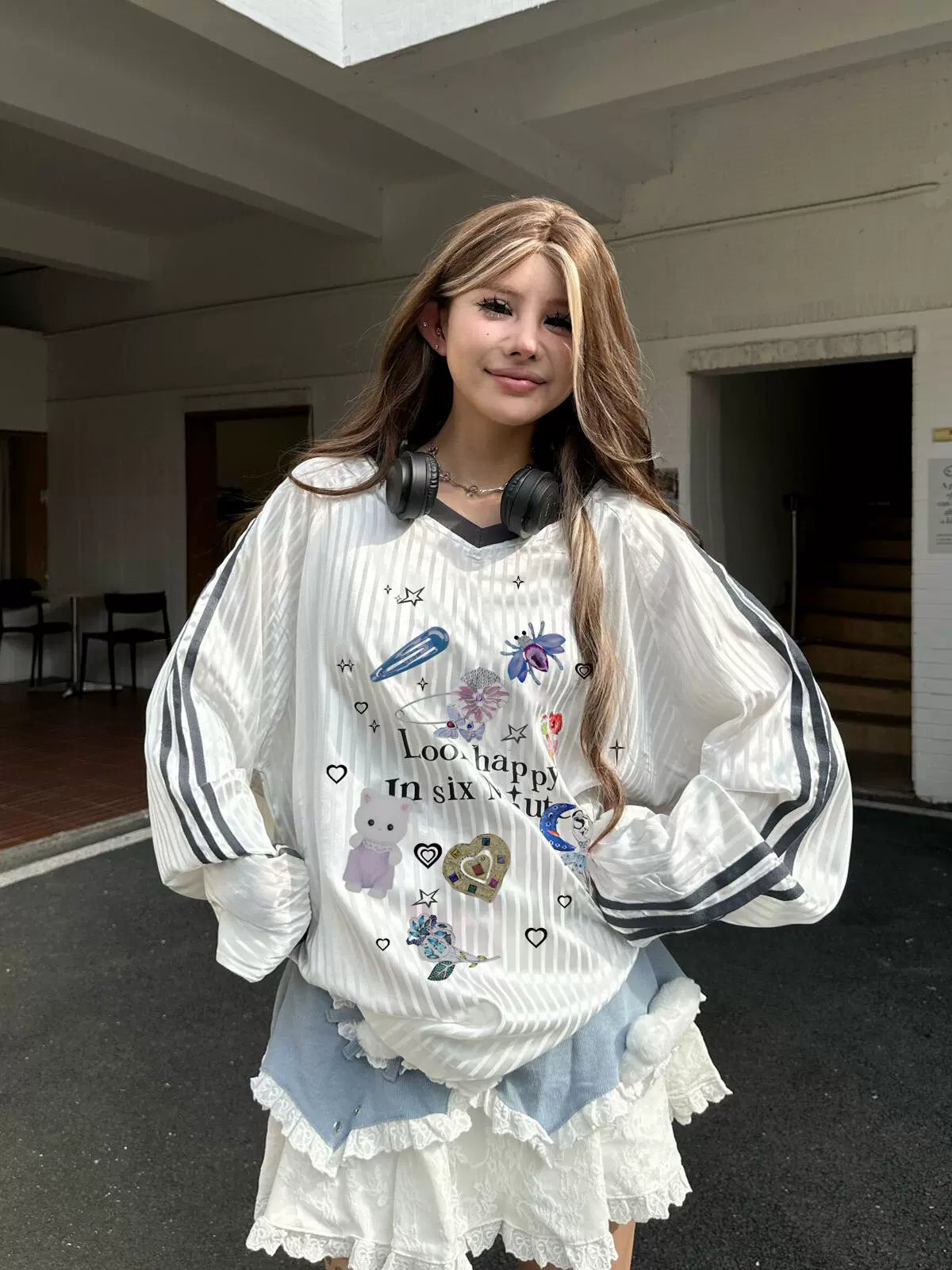 可愛印花加大尺寸長袖針織上衣 X3075