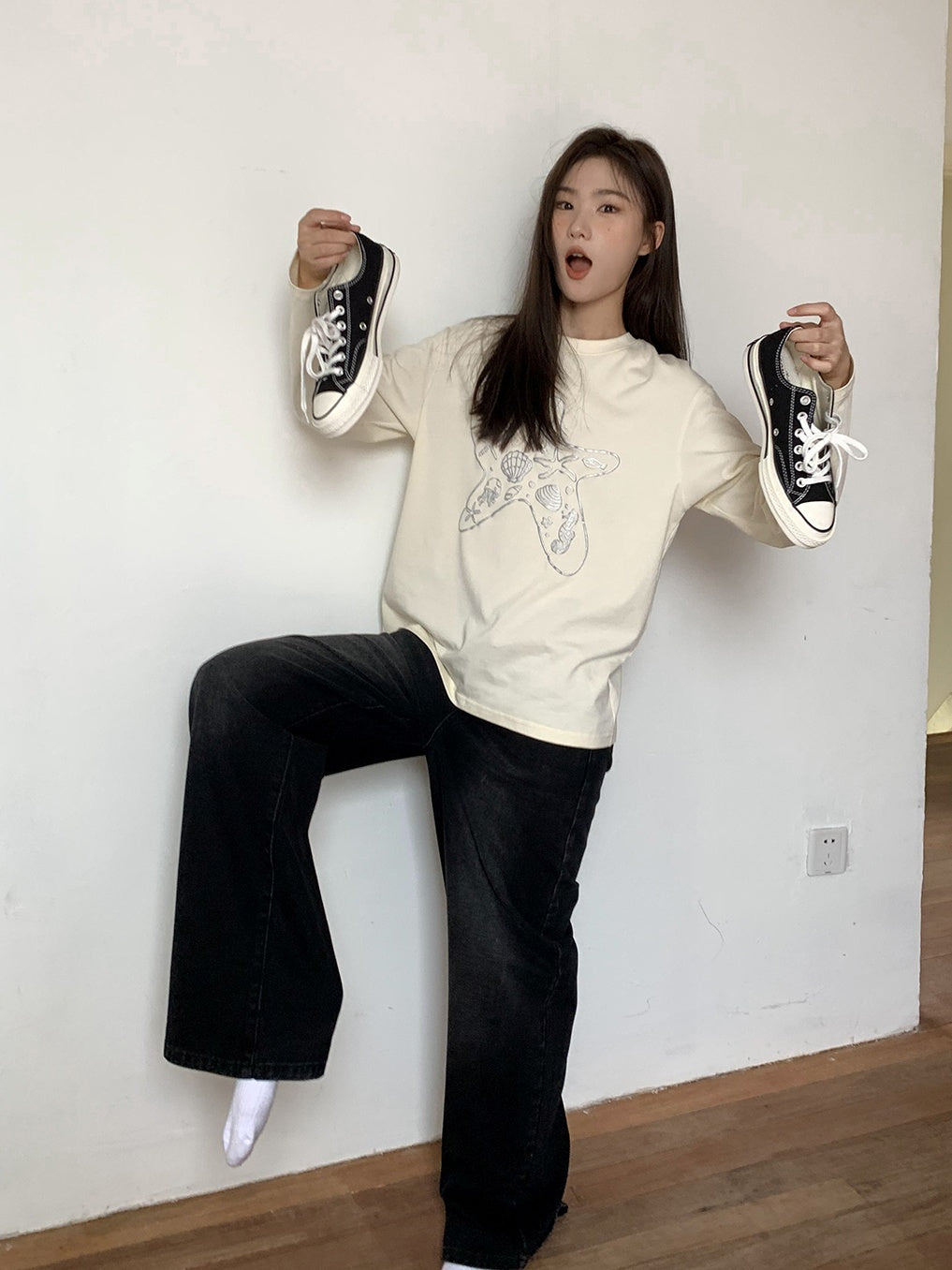寬鬆海洋印花長袖T卹 X3138