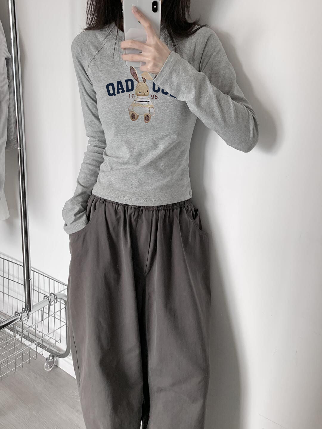 灰色修身上衣長袖T卹 X3109