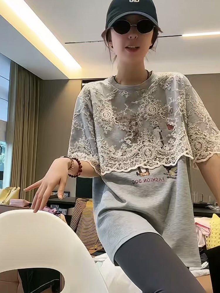 Layered-Style Lace Patchwork T-Shirt X3287