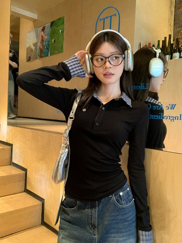 Polo領格紋層疊長袖T卹 X3157