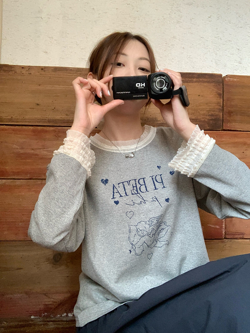 甜美蕾絲拼布長袖T卹 X3198