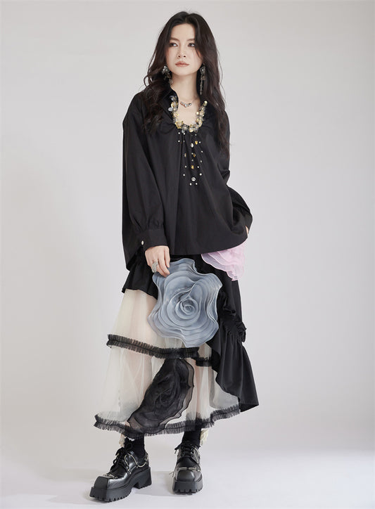 French Vintage Mesh Panel Rose Flare Skirt X3234