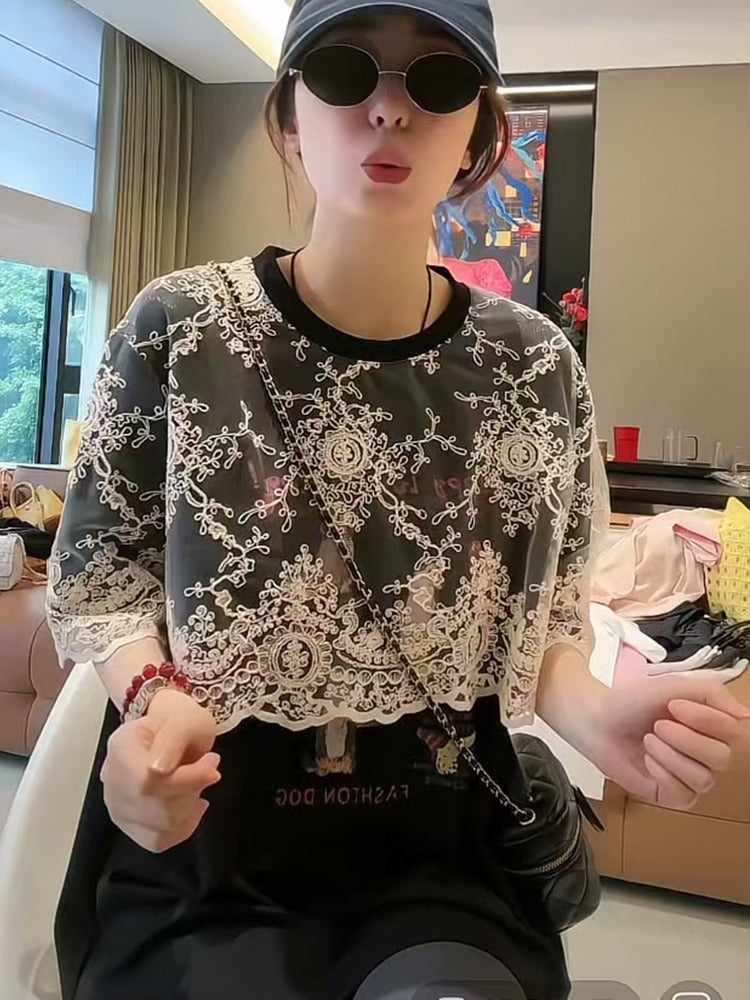 Layered-Style Lace Patchwork T-Shirt X3287
