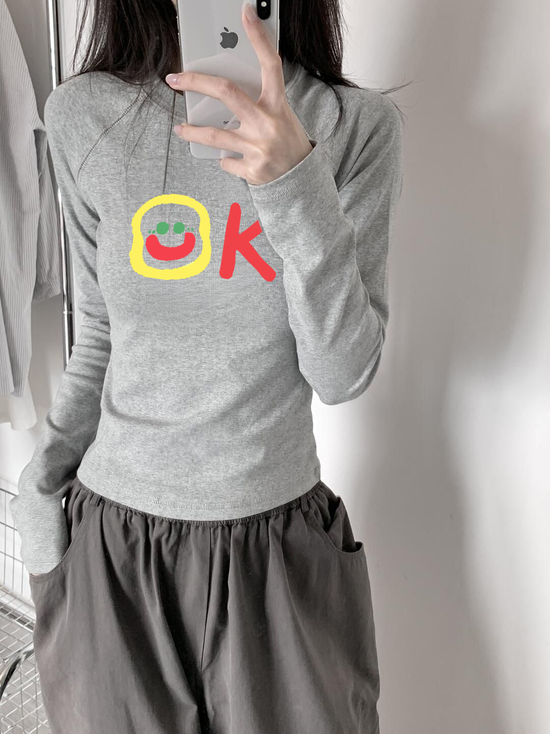 灰色修身上衣長袖T卹 X3109