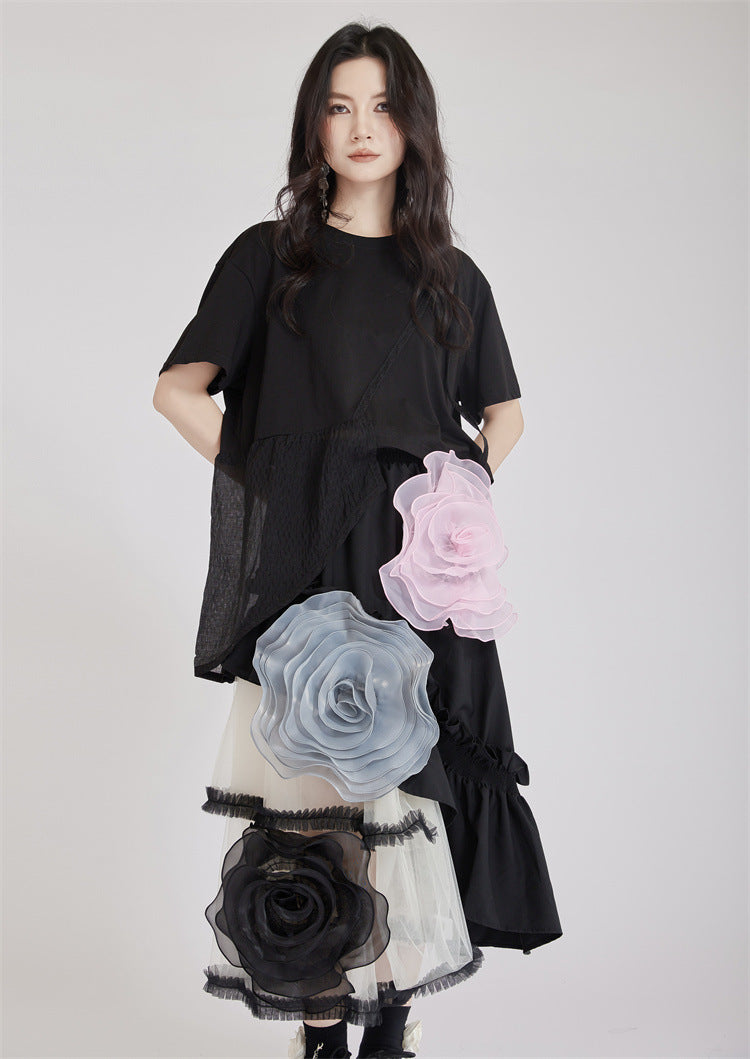 French Vintage Mesh Panel Rose Flare Skirt X3234