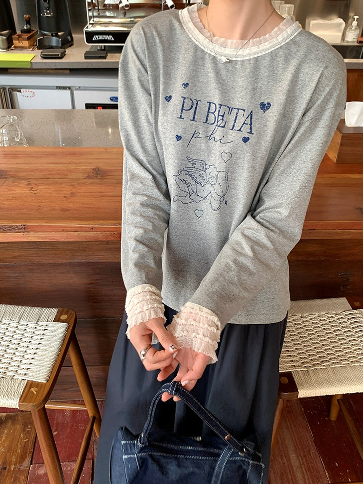 甜美蕾絲拼布長袖T卹 X3198