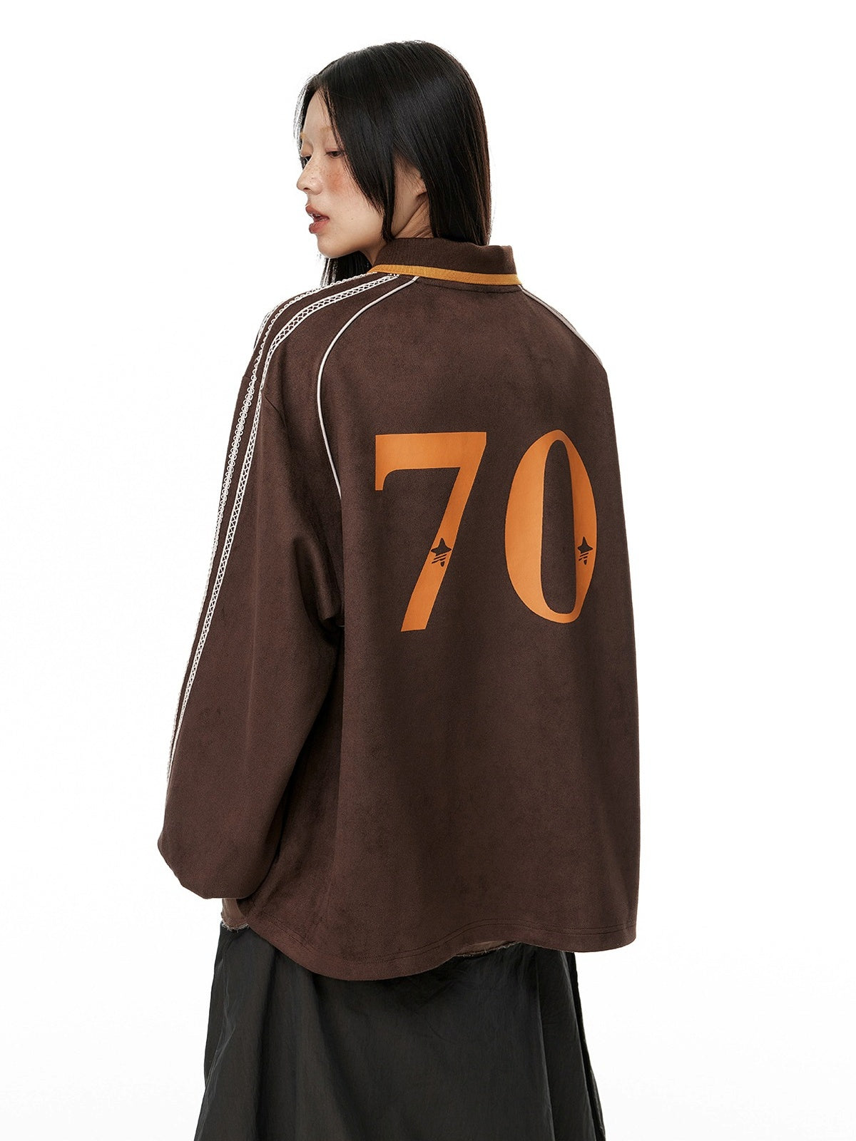 Cocoa Brown Suede Lace Patchwork V-Neck Pullover Sweatshirt X3330