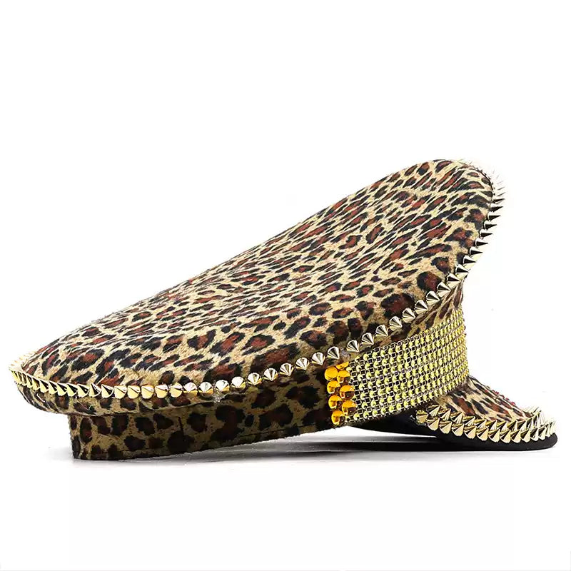 Studded Decorated Leopard Flat Top Hat X2917