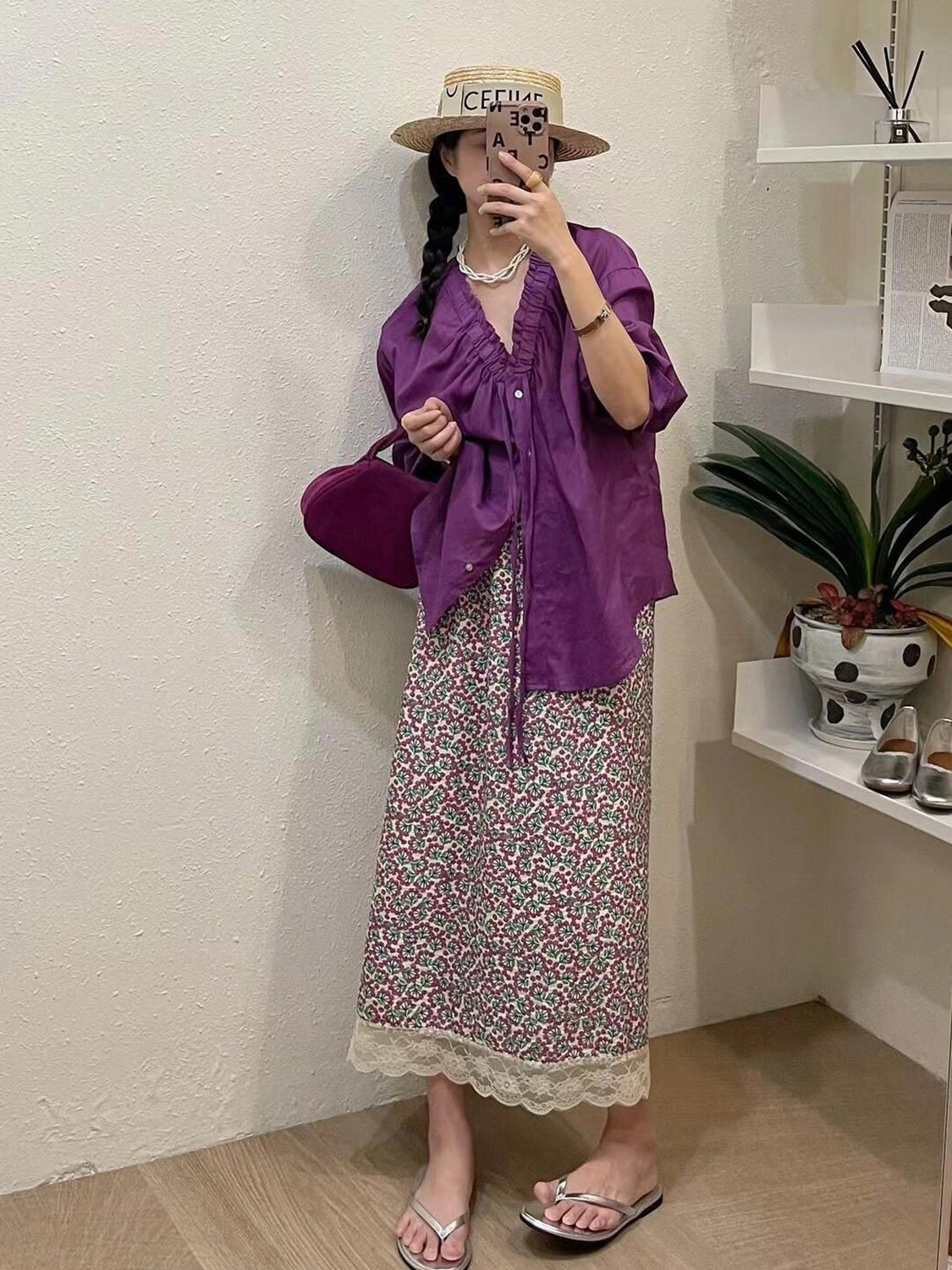 Purple Floral Lace Midi Skirt X3223