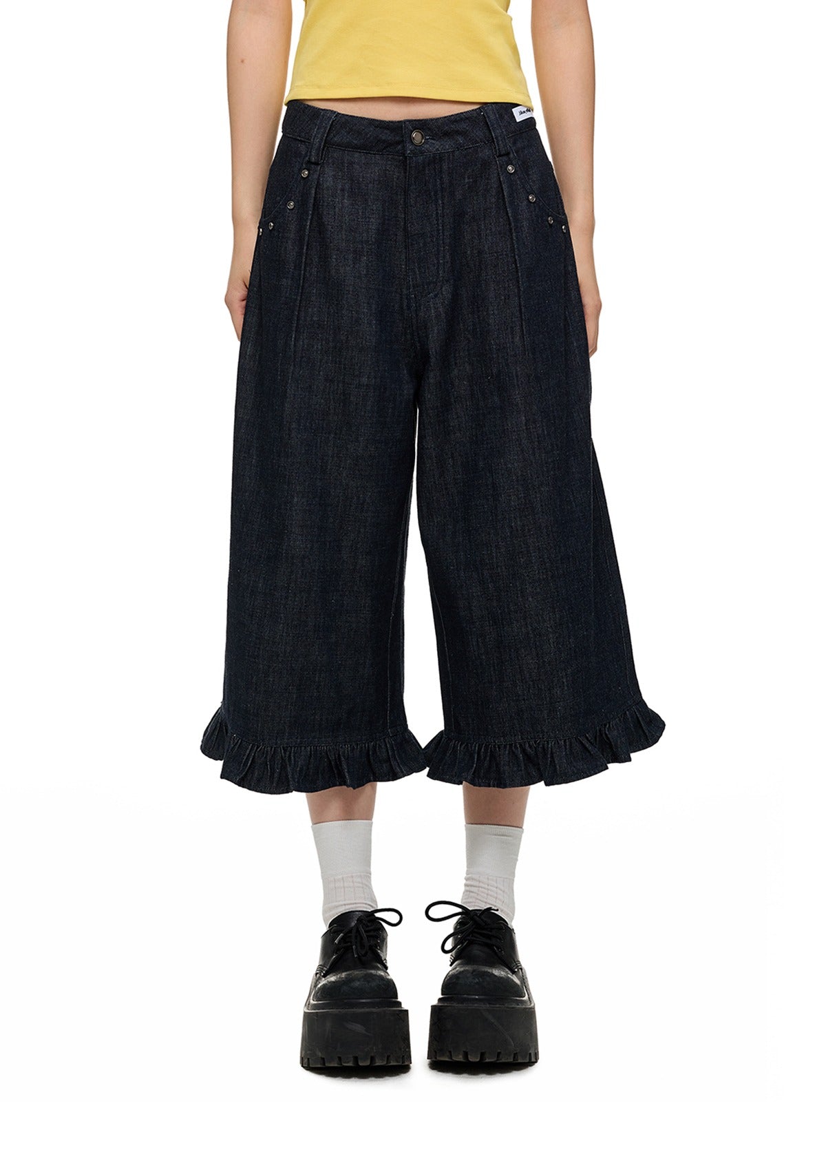 Washed Denim Wide-Leg Cropped Pants X3335