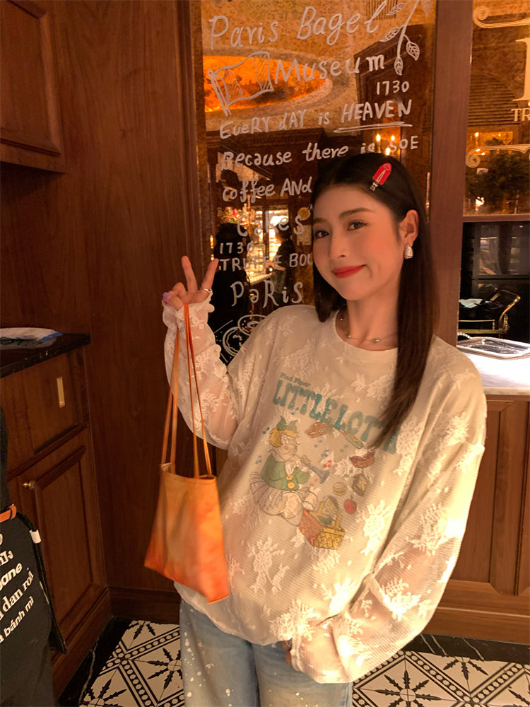 蕾絲層設計長袖T卹 X3124