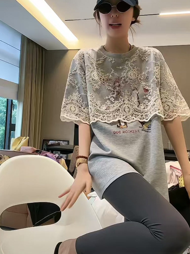 Layered-Style Lace Patchwork T-Shirt X3287