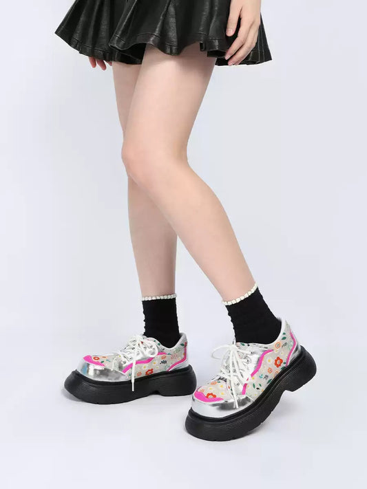 Colorblock Floral Chunky Platform Lace-Up Shoes X3479