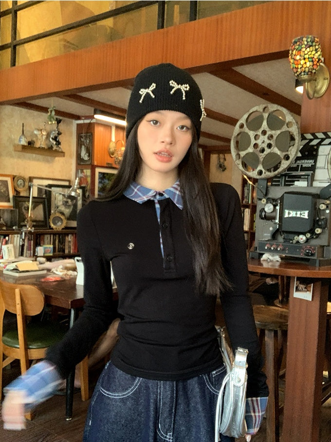 Polo領格紋層疊長袖T卹 X3157