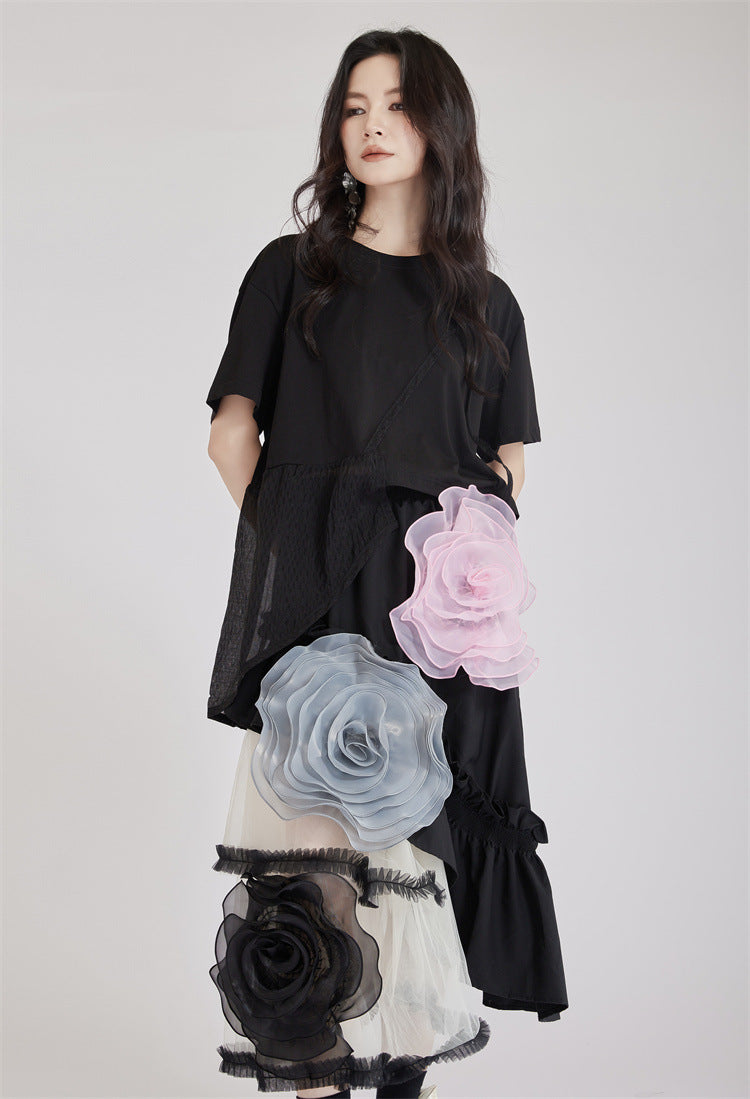 French Vintage Mesh Panel Rose Flare Skirt X3234