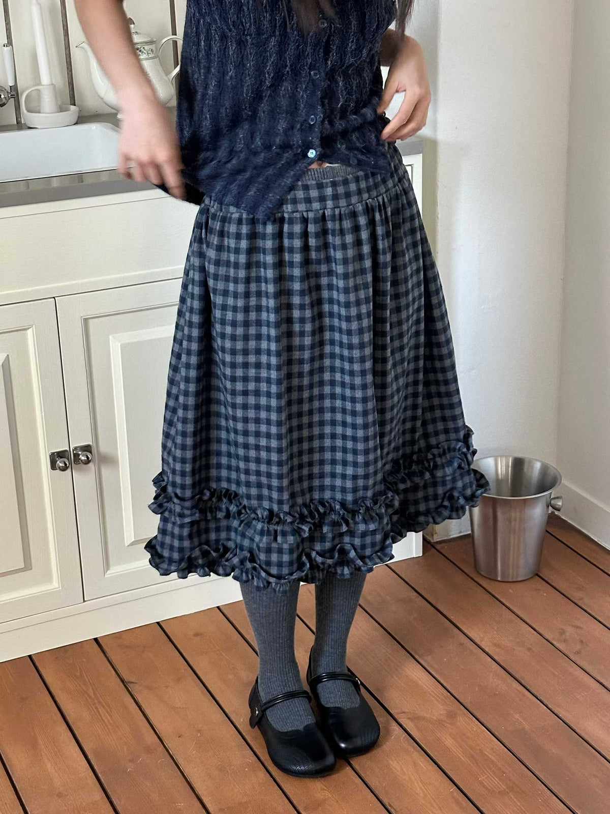 Patchwork Check Frill Midi Skirt X3715