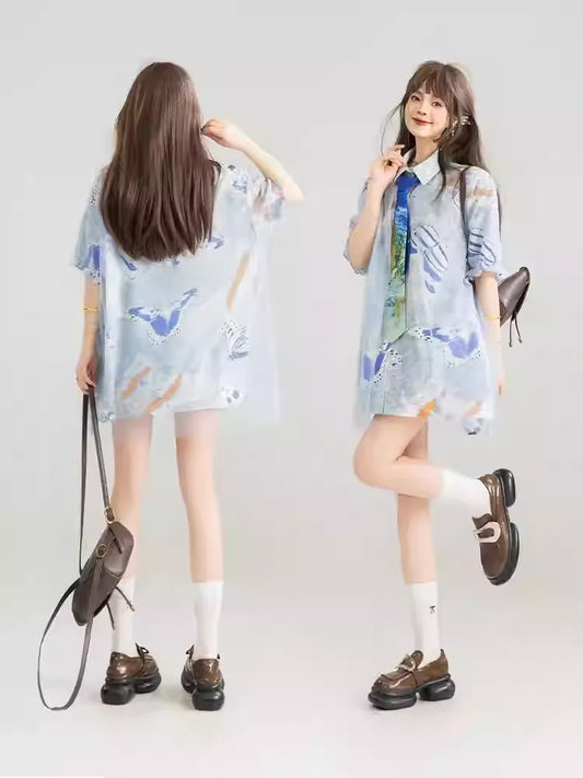 Undersea Dream Print Chiffon Sheer Panel Design Shirt/Denim Balloon Skirt X3249