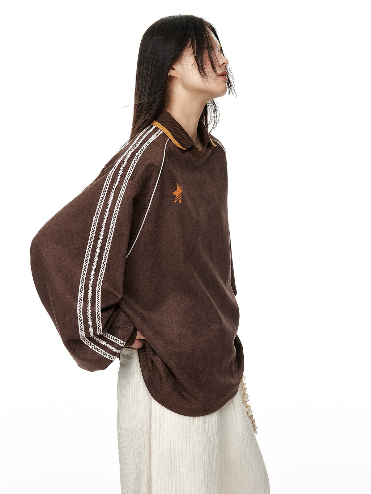 Cocoa Brown Suede Lace Patchwork V-Neck Pullover Sweatshirt X3330