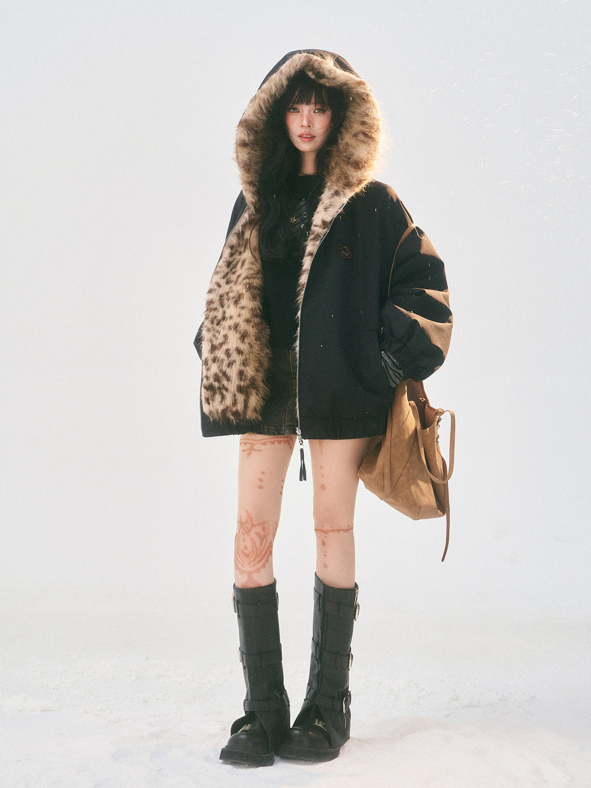Reversible Leopard Faux Fur Ear Hood Jacket X3725