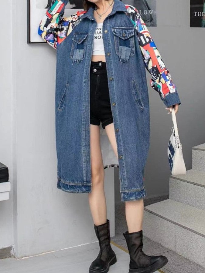 バックプリントステッチロングデニムジャケット X2248
