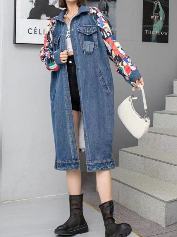 バックプリントステッチロングデニムジャケット X2248