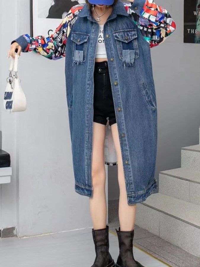 バックプリントステッチロングデニムジャケット X2248