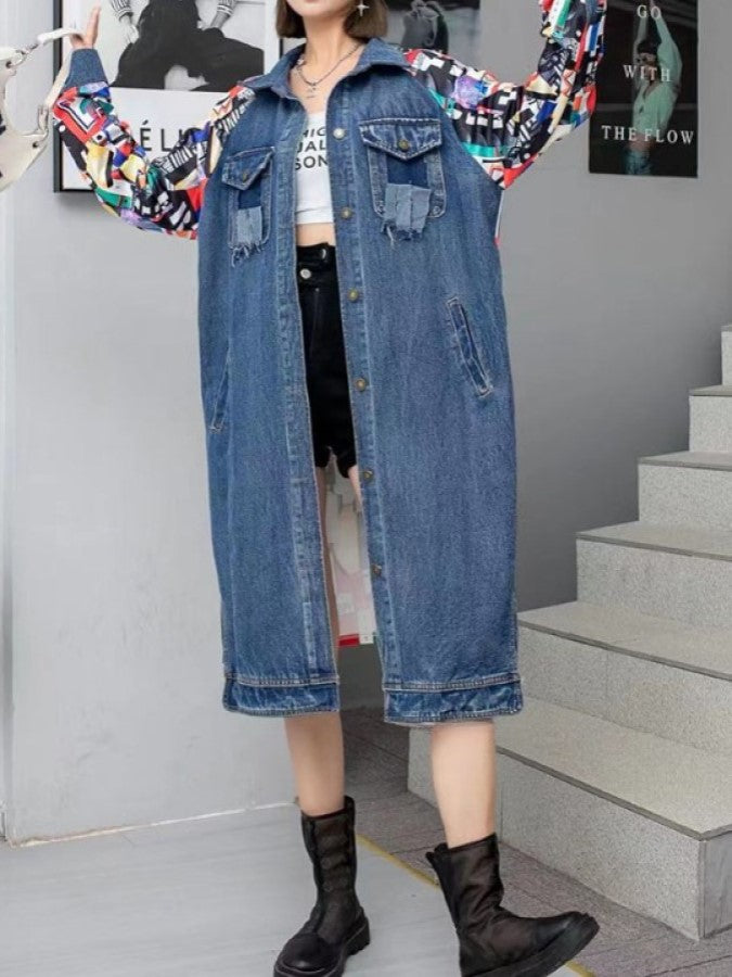 バックプリントステッチロングデニムジャケット X2248