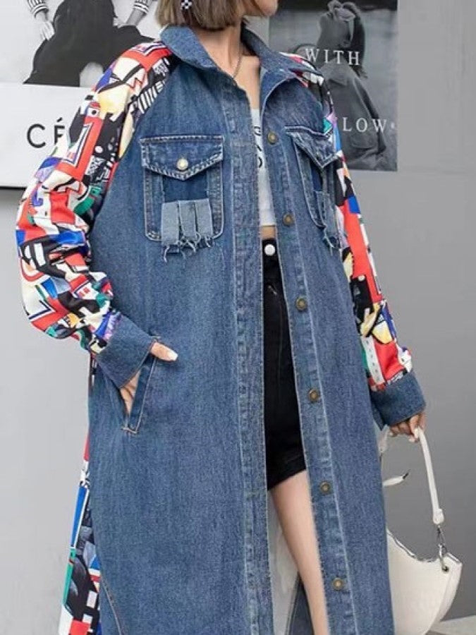 バックプリントステッチロングデニムジャケット X2248