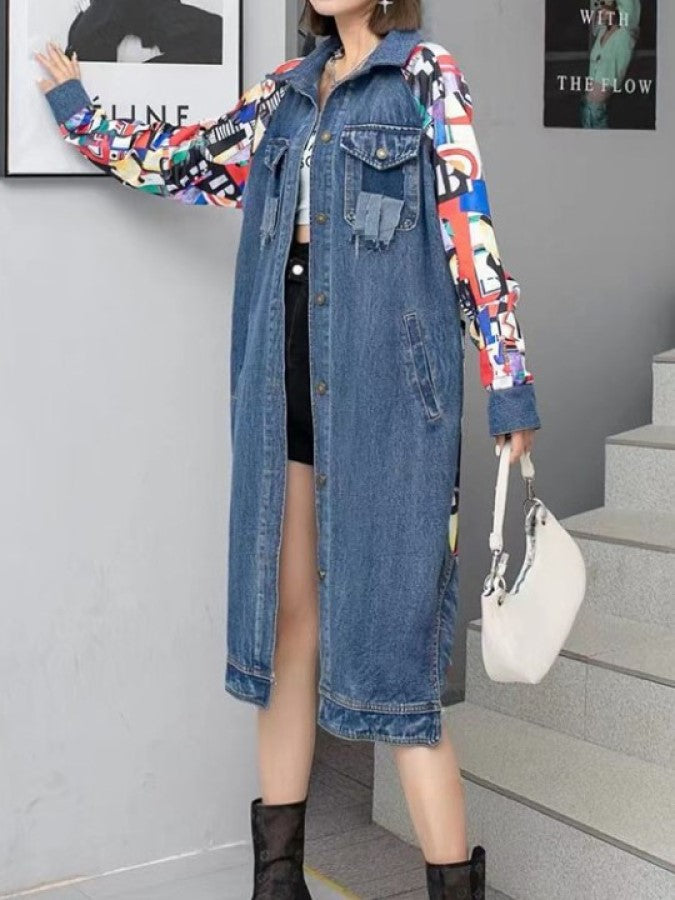 バックプリントステッチロングデニムジャケット X2248