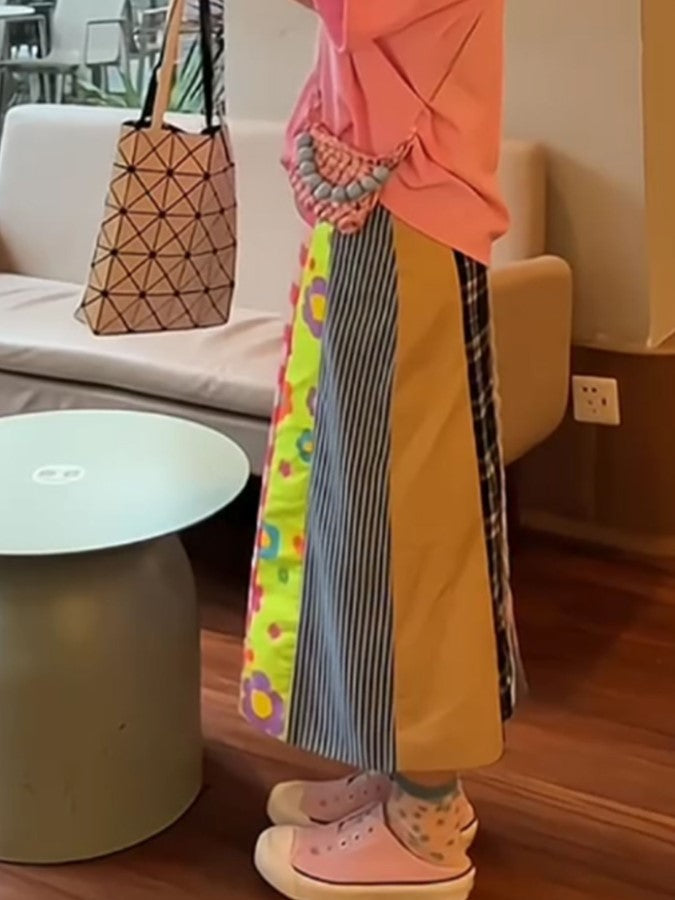 パターンステッチパッチワークAラインスカート X2250