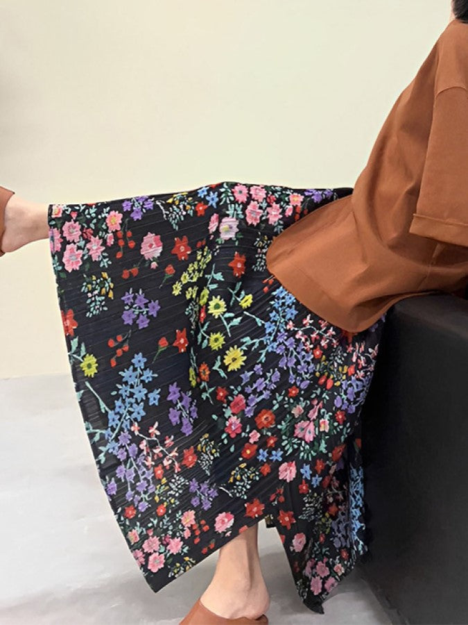 ブラックフローラルロングプリーツスリットスカート X2251