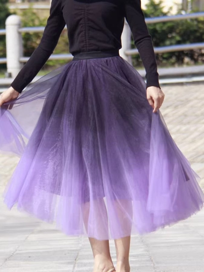 Gradient Sheer Layered Swing Long Skirt X2269