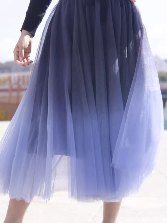 Gradient Sheer Layered Swing Long Skirt X2269