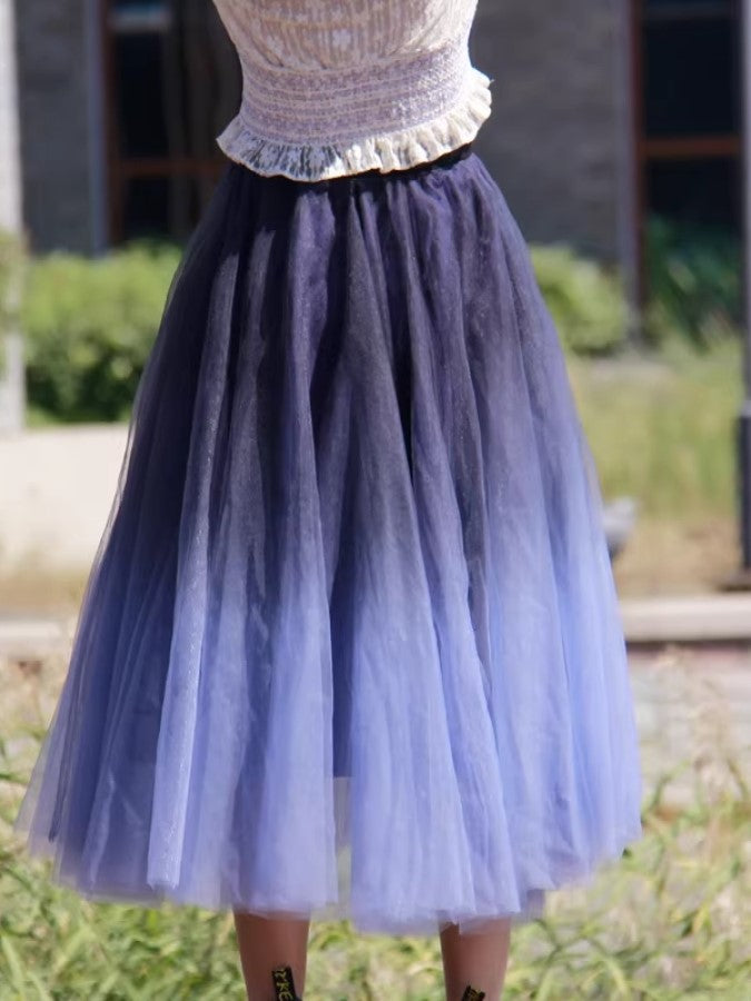 Gradient Sheer Layered Swing Long Skirt X2269