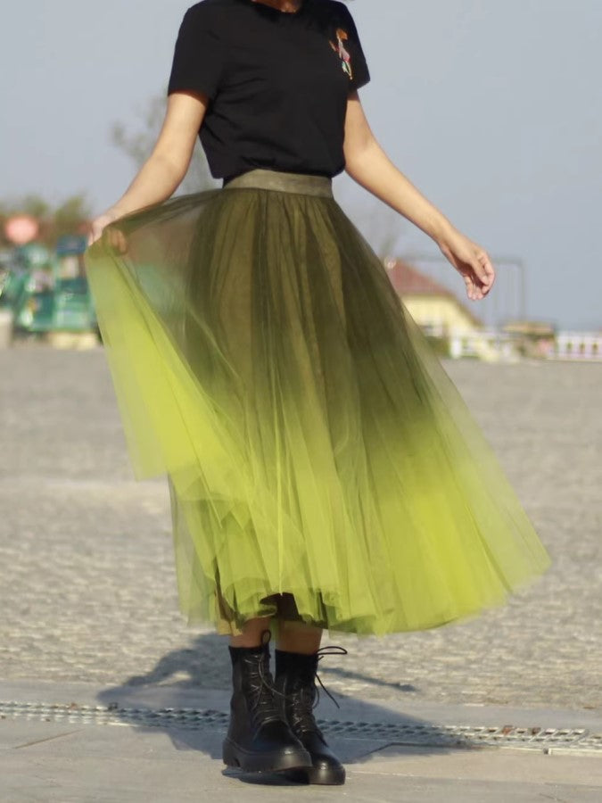 Gradient Sheer Layered Swing Long Skirt X2269