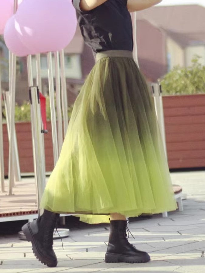 Gradient Sheer Layered Swing Long Skirt X2269
