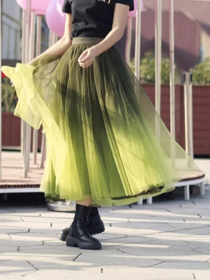Gradient Sheer Layered Swing Long Skirt X2269