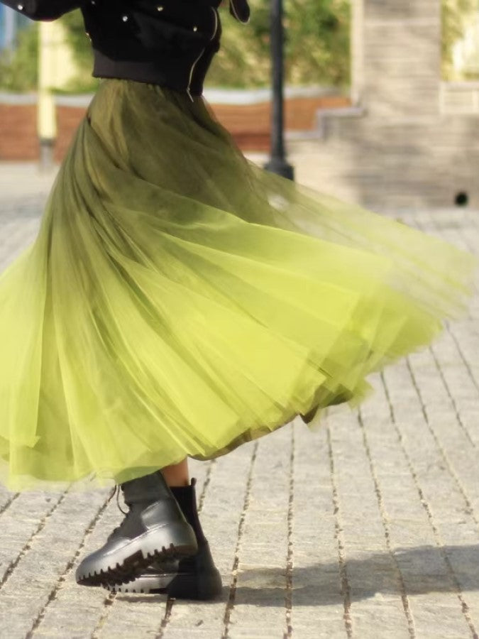 Gradient Sheer Layered Swing Long Skirt X2269