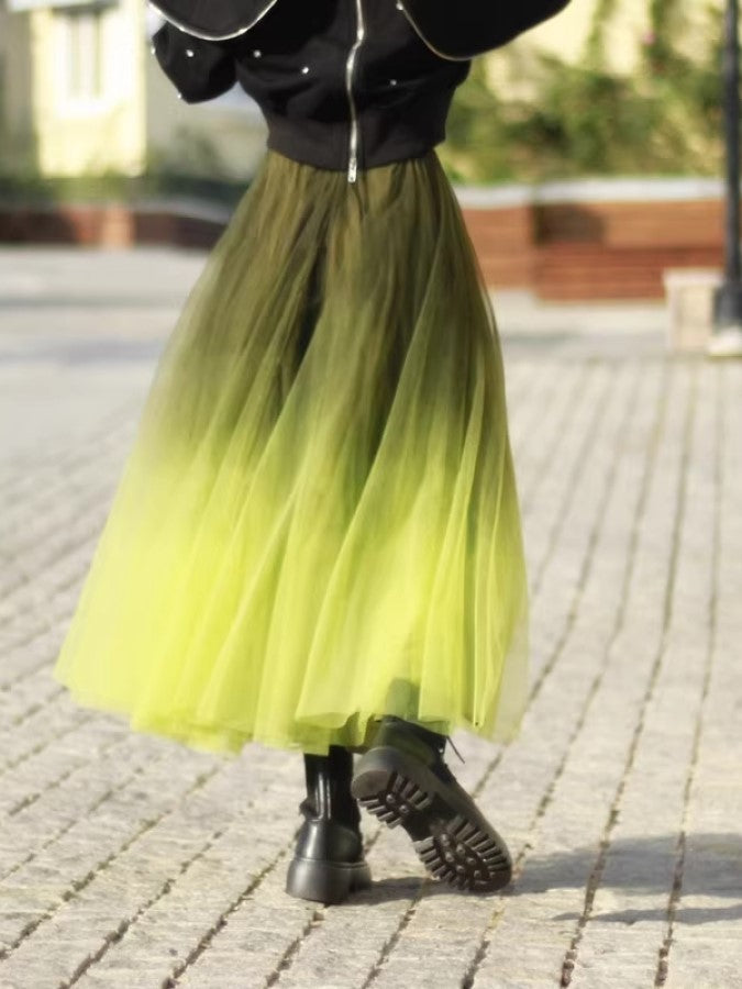 Gradient Sheer Layered Swing Long Skirt X2269