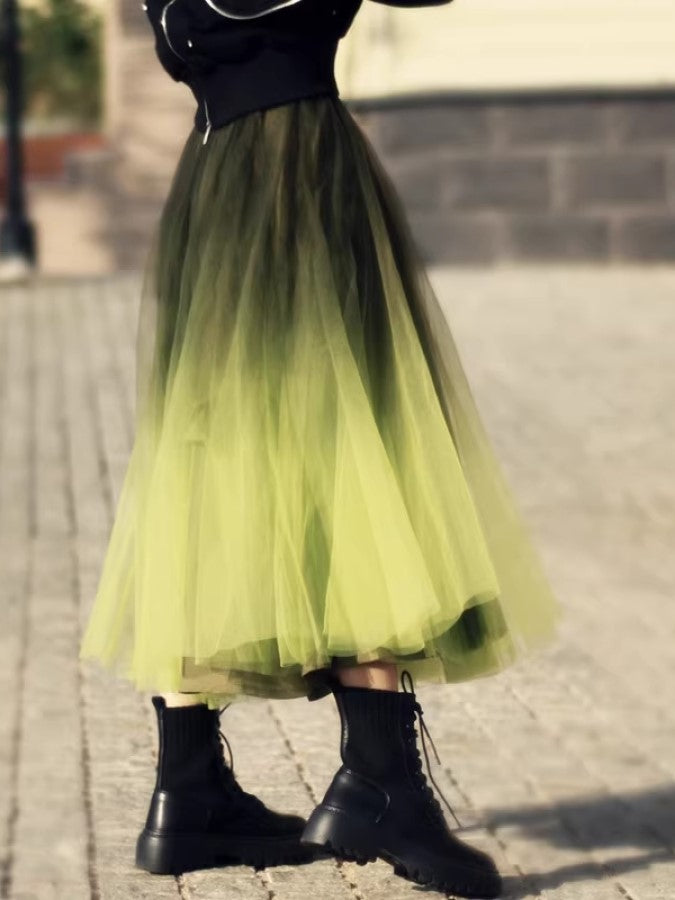 Gradient Sheer Layered Swing Long Skirt X2269
