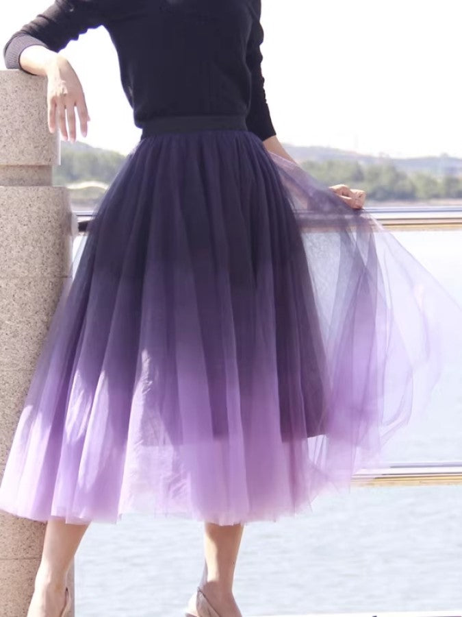 Gradient Sheer Layered Swing Long Skirt X2269