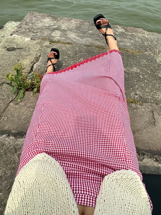 カッティング刺繍チェック柄スリムスカート X2277