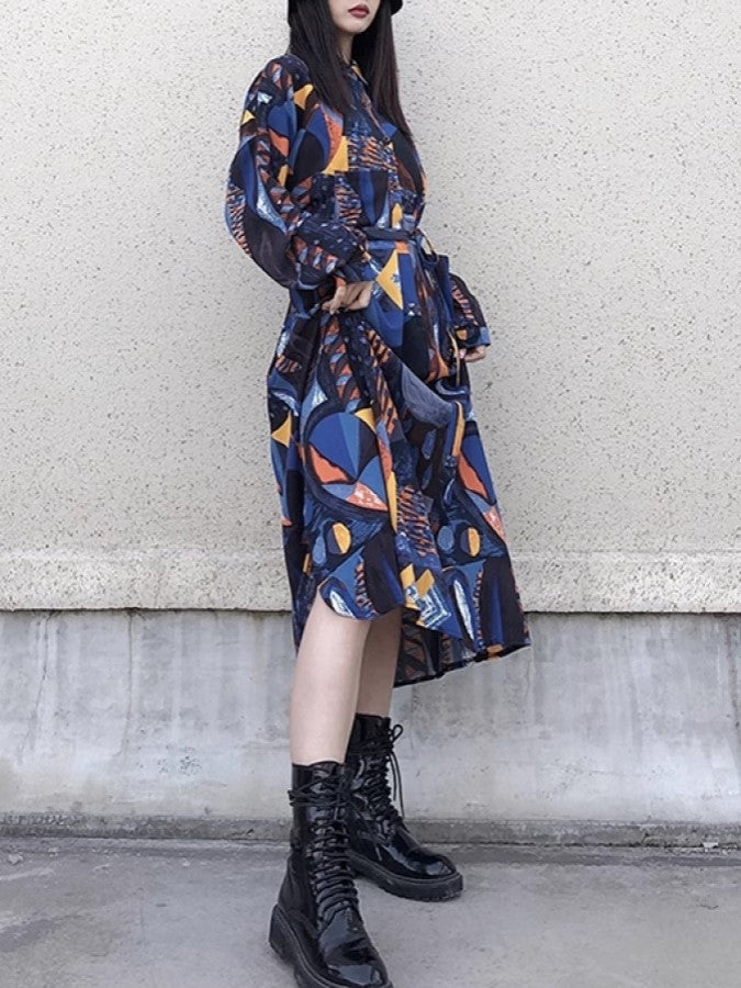 アーティスティックプリントシャツワンピース X2281