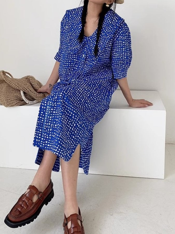 Block Dot Large Lapel Dress X2286
