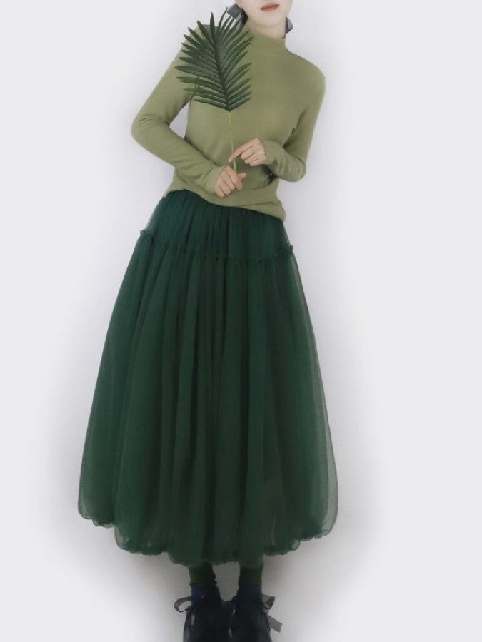 Mesh Layered Ruffle Stitch Balloon Skirt X2288
