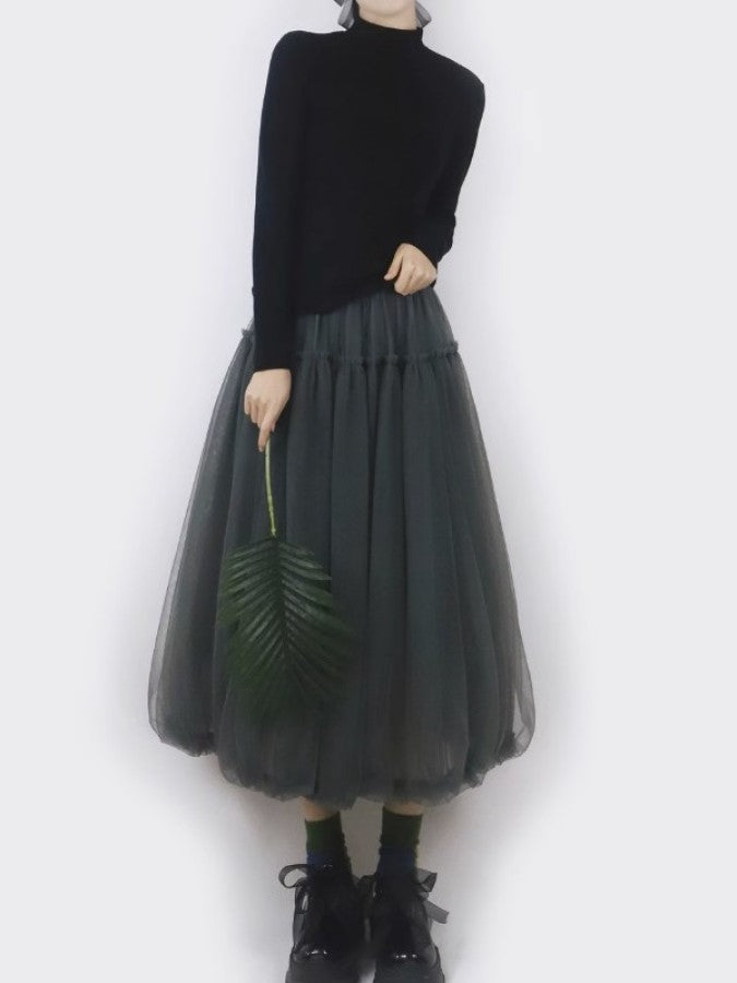 Mesh Layered Ruffle Stitch Balloon Skirt X2288