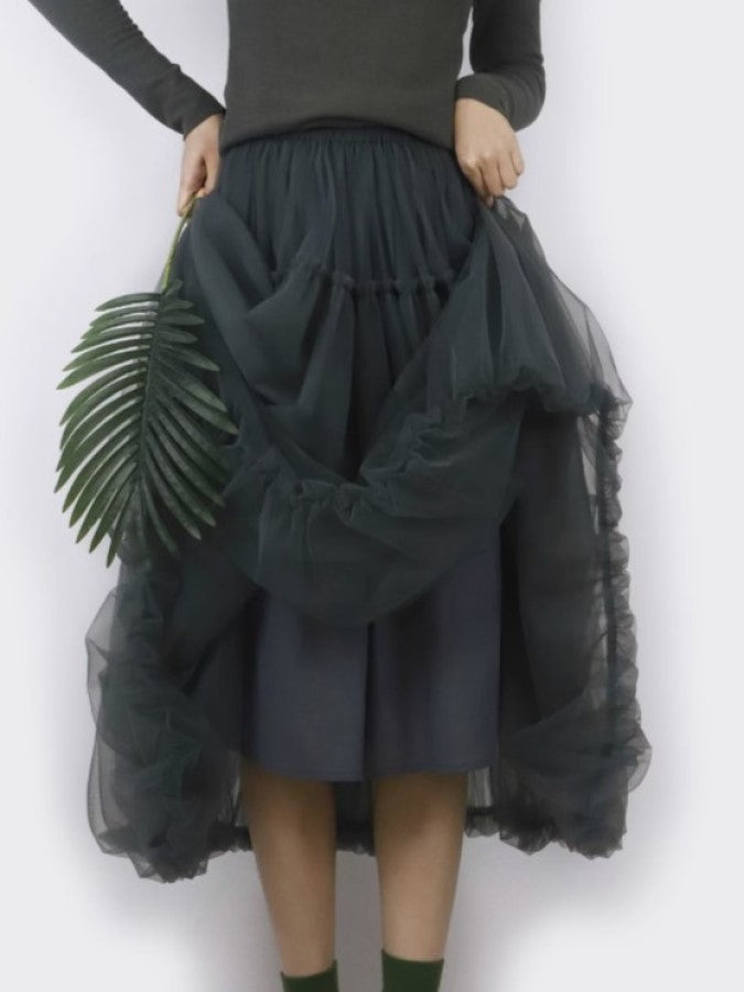 Mesh Layered Ruffle Stitch Balloon Skirt X2288