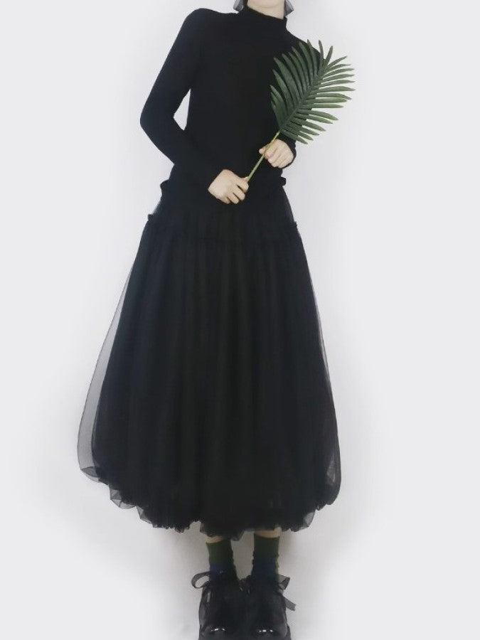 Mesh Layered Ruffle Stitch Balloon Skirt X2288
